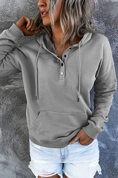 Long-sleeved Hooded Sweatshirt With Pockets Fashion Casual Button Drawstring Design Hoodie Top Spring And Autumn Sports Clothing For Women