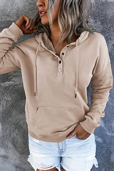 Long-sleeved Hooded Sweatshirt With Pockets Fashion Casual Button Drawstring Design Hoodie Top Spring And Autumn Sports Clothing For Women