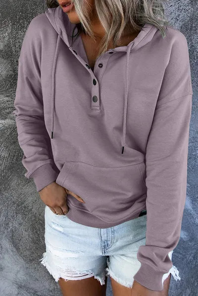 Long-sleeved Hooded Sweatshirt With Pockets Fashion Casual Button Drawstring Design Hoodie Top Spring And Autumn Sports Clothing For Women