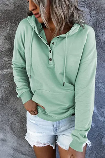 Long-sleeved Hooded Sweatshirt With Pockets Fashion Casual Button Drawstring Design Hoodie Top Spring And Autumn Sports Clothing For Women