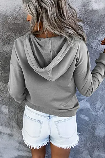 Long-sleeved Hooded Sweatshirt With Pockets Fashion Casual Button Drawstring Design Hoodie Top Spring And Autumn Sports Clothing For Women