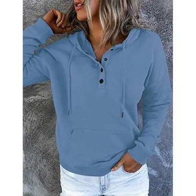 Long-sleeved Hooded Sweatshirt With Pockets Fashion Casual Button Drawstring Design Hoodie Top Spring And Autumn Sports Clothing For Women