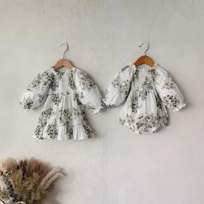 Spring Baby Retro Big Flower Smocking Lantern Long Sleeve Onesie