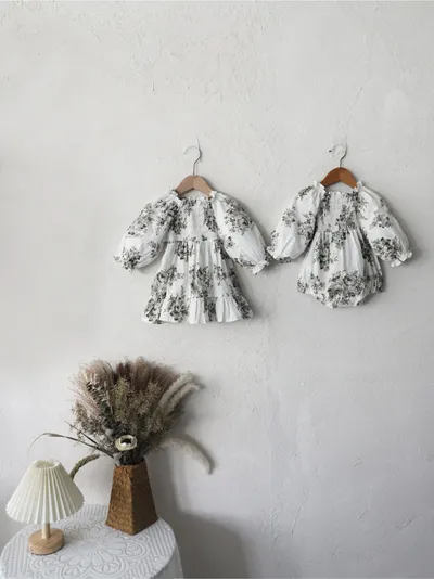 Spring Baby Retro Big Flower Smocking Lantern Long Sleeve Onesie