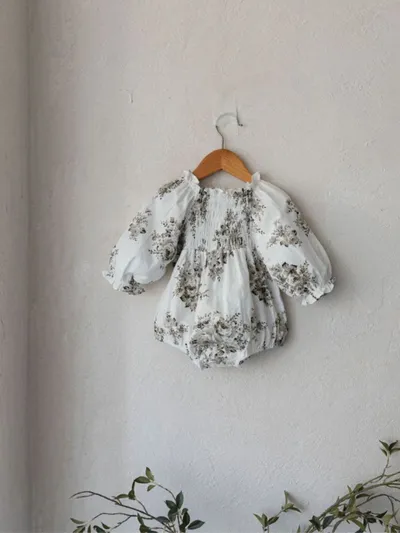 Spring Baby Retro Big Flower Smocking Lantern Long Sleeve Onesie