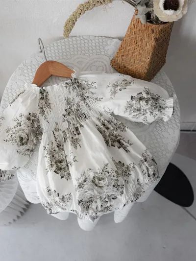Spring Baby Retro Big Flower Smocking Lantern Long Sleeve Onesie
