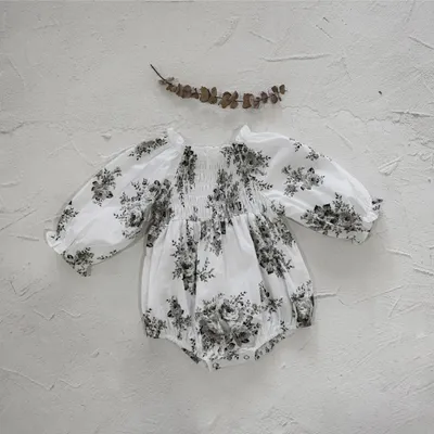 Spring Baby Retro Big Flower Smocking Lantern Long Sleeve Onesie
