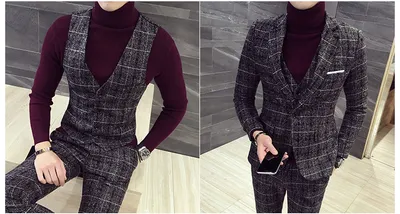 Slim British casual fashion check men's suit set of three pieces