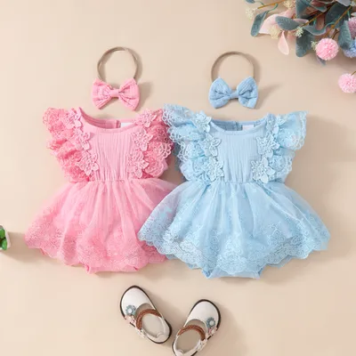 Summer Baby Girl Sweet Sleeveless Lace Triangle Rompers Mesh Lace Flower Dress