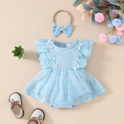 Summer Baby Girl Sweet Sleeveless Lace Triangle Rompers Mesh Lace Flower Dress