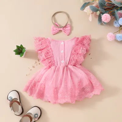 Summer Baby Girl Sweet Sleeveless Lace Triangle Rompers Mesh Lace Flower Dress