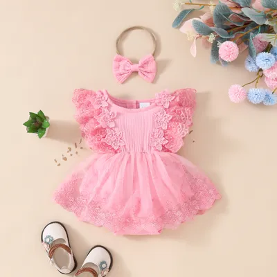 Summer Baby Girl Sweet Sleeveless Lace Triangle Rompers Mesh Lace Flower Dress
