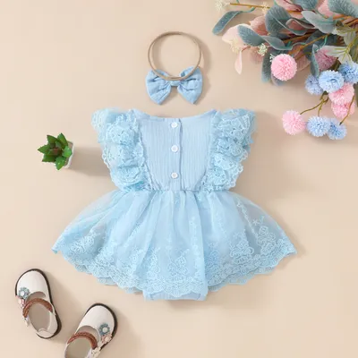 Summer Baby Girl Sweet Sleeveless Lace Triangle Rompers Mesh Lace Flower Dress
