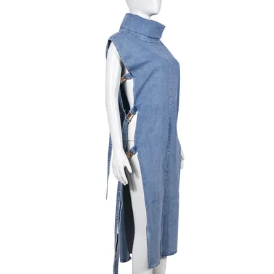 Denim Washed High Collar Dress Women