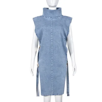 Denim Washed High Collar Dress Women