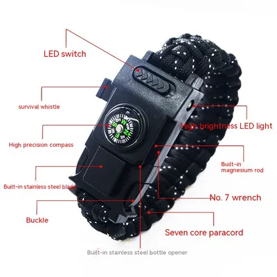 مصباح LED متعدد الوظائف للبقاء على قيد الحياة، مقاوم للماء، مناسب للتخييم والإسعافات الأولية، حبل مظلة، ساعة تسلق