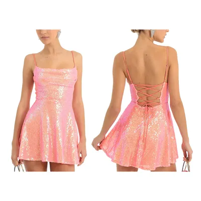 Fashion Women Shiny Sequins Dress Summer Sexy Backless A-Line Mini Party Dress For Cocktail Party Beach Streetwear