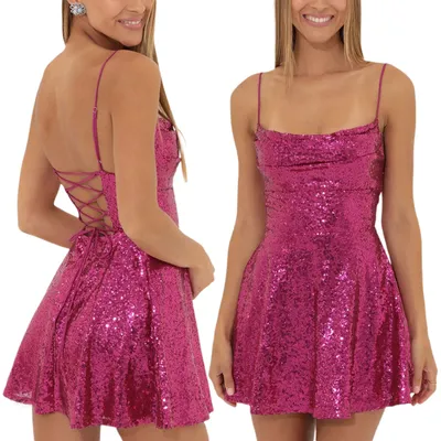 Fashion Women Shiny Sequins Dress Summer Sexy Backless A-Line Mini Party Dress For Cocktail Party Beach Streetwear