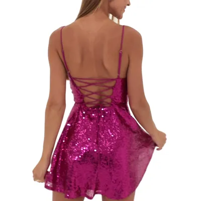 Fashion Women Shiny Sequins Dress Summer Sexy Backless A-Line Mini Party Dress For Cocktail Party Beach Streetwear