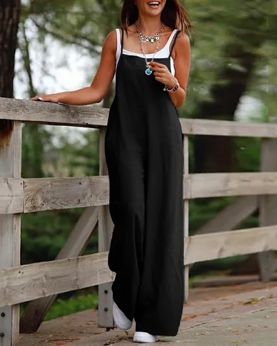 Women's Dark Green Casual Suspender Wide-leg Jumpsuit