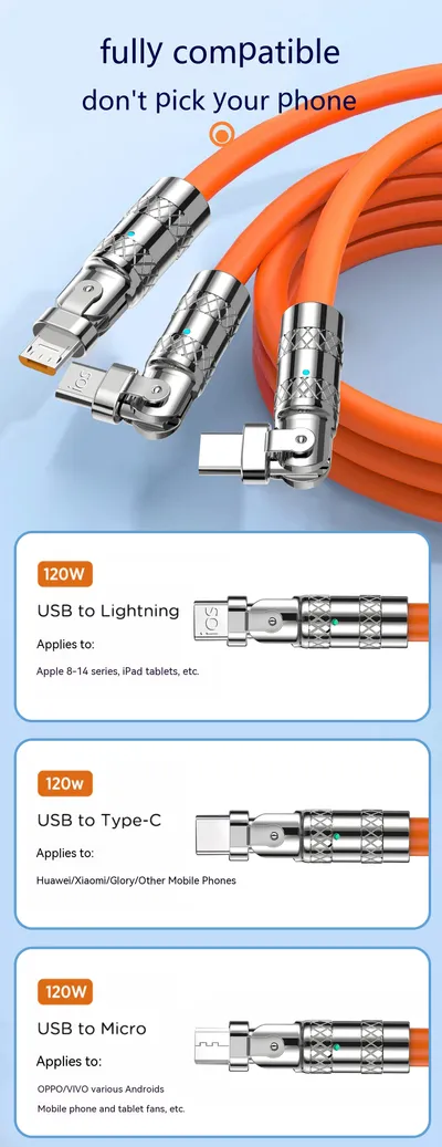 120W One-to-three Elbow Fast Charging Zinc Alloy Charging Cable 180 Degree Rotation