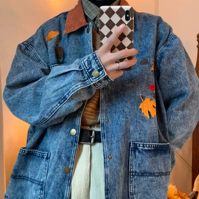 Vintage Maple Leaf Embroidered Washed Do The Old Cowboy Mid-length Coat