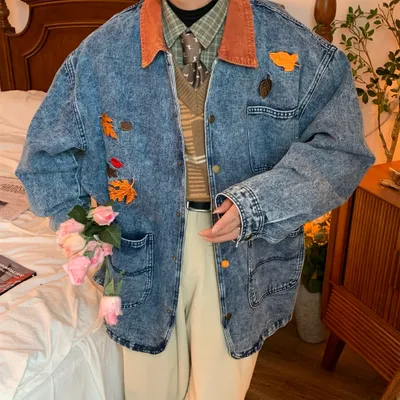 Vintage Maple Leaf Embroidered Washed Do The Old Cowboy Mid-length Coat