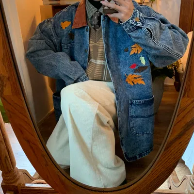 Vintage Maple Leaf Embroidered Washed Do The Old Cowboy Mid-length Coat