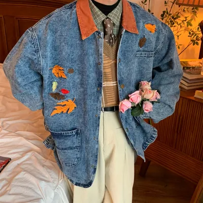 Vintage Maple Leaf Embroidered Washed Do The Old Cowboy Mid-length Coat