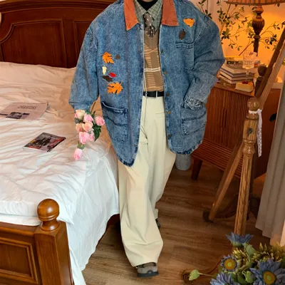 Vintage Maple Leaf Embroidered Washed Do The Old Cowboy Mid-length Coat