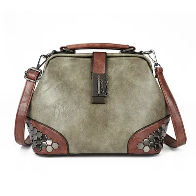 Women Handbag Leather Small Doctor Bag Women Shoulder Bag Female Crossbody Handbag Lock Chain Rivets Girls Vintage Women Bags
