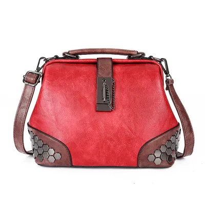 Women Handbag Leather Small Doctor Bag Women Shoulder Bag Female Crossbody Handbag Lock Chain Rivets Girls Vintage Women Bags