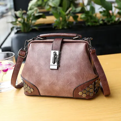 Women Handbag Leather Small Doctor Bag Women Shoulder Bag Female Crossbody Handbag Lock Chain Rivets Girls Vintage Women Bags