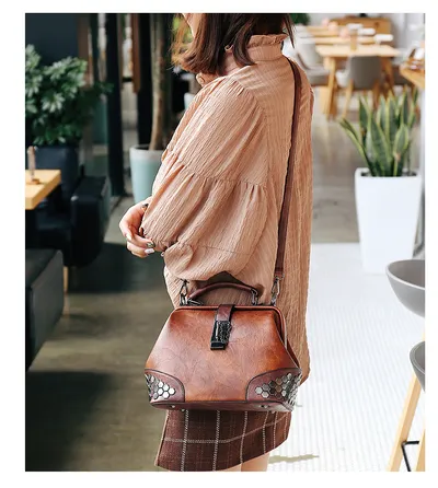 Women Handbag Leather Small Doctor Bag Women Shoulder Bag Female Crossbody Handbag Lock Chain Rivets Girls Vintage Women Bags