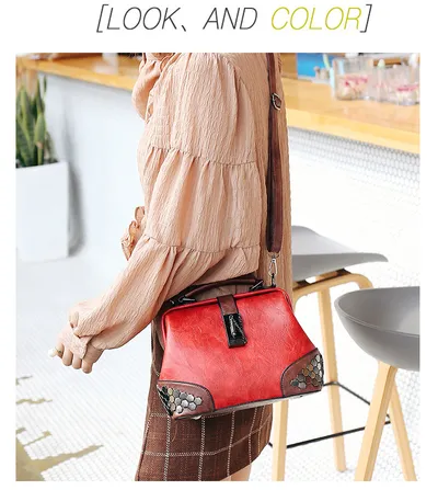 Women Handbag Leather Small Doctor Bag Women Shoulder Bag Female Crossbody Handbag Lock Chain Rivets Girls Vintage Women Bags