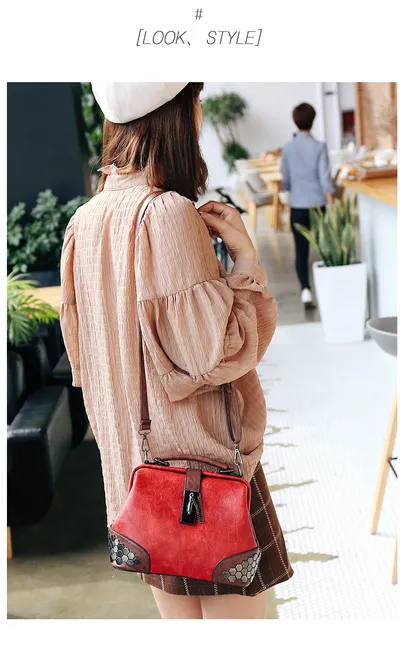 Women Handbag Leather Small Doctor Bag Women Shoulder Bag Female Crossbody Handbag Lock Chain Rivets Girls Vintage Women Bags