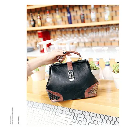 Women Handbag Leather Small Doctor Bag Women Shoulder Bag Female Crossbody Handbag Lock Chain Rivets Girls Vintage Women Bags