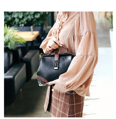 Women Handbag Leather Small Doctor Bag Women Shoulder Bag Female Crossbody Handbag Lock Chain Rivets Girls Vintage Women Bags