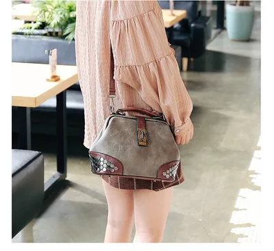 Women Handbag Leather Small Doctor Bag Women Shoulder Bag Female Crossbody Handbag Lock Chain Rivets Girls Vintage Women Bags