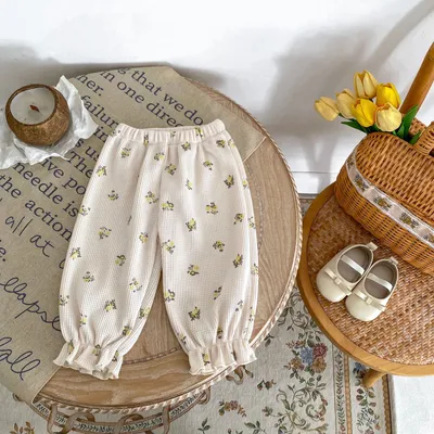Baby Waffle Printing Elastic Cord Ankle-tied Long Pants