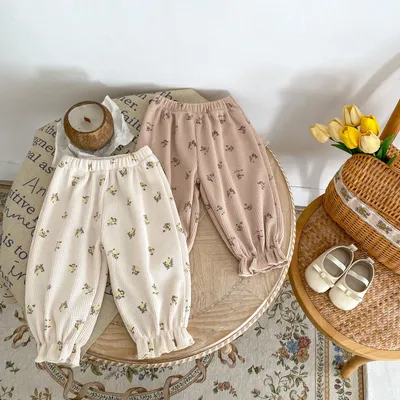 Baby Waffle Printing Elastic Cord Ankle-tied Long Pants