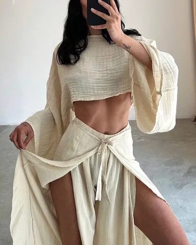 Linen Blend Cropped Top And Elastic Waist Belt Ruffled Trousers Suit