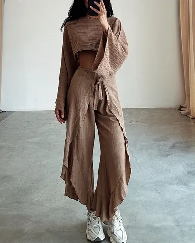 Linen Blend Cropped Top And Elastic Waist Belt Ruffled Trousers Suit