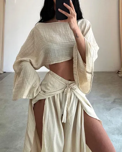 Linen Blend Cropped Top And Elastic Waist Belt Ruffled Trousers Suit