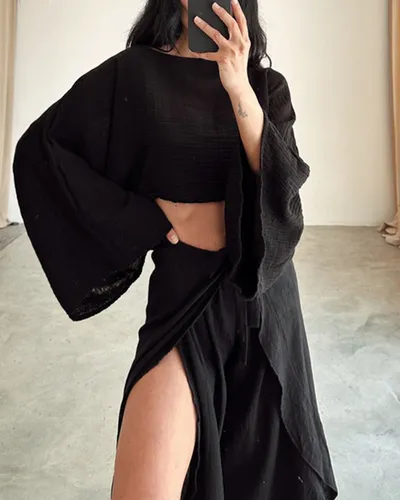 Linen Blend Cropped Top And Elastic Waist Belt Ruffled Trousers Suit