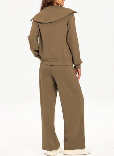 Women's Half Long-sleeve Zipper Top Elastic Waist Wide Leg Trousers Two-piece Set