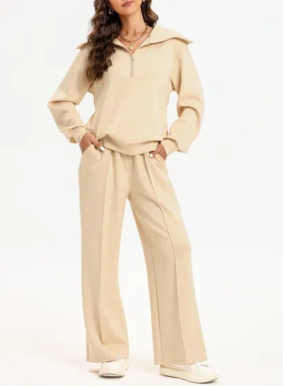Women's Half Long-sleeve Zipper Top Elastic Waist Wide Leg Trousers Two-piece Set