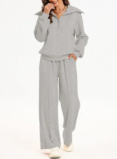 Women's Half Long-sleeve Zipper Top Elastic Waist Wide Leg Trousers Two-piece Set
