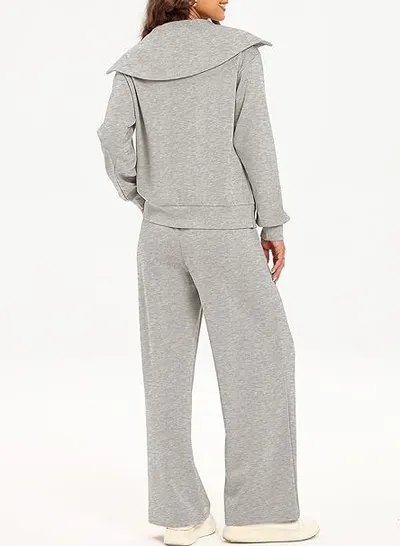 Women's Half Long-sleeve Zipper Top Elastic Waist Wide Leg Trousers Two-piece Set