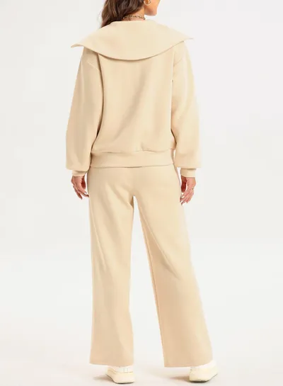 Women's Half Long-sleeve Zipper Top Elastic Waist Wide Leg Trousers Two-piece Set